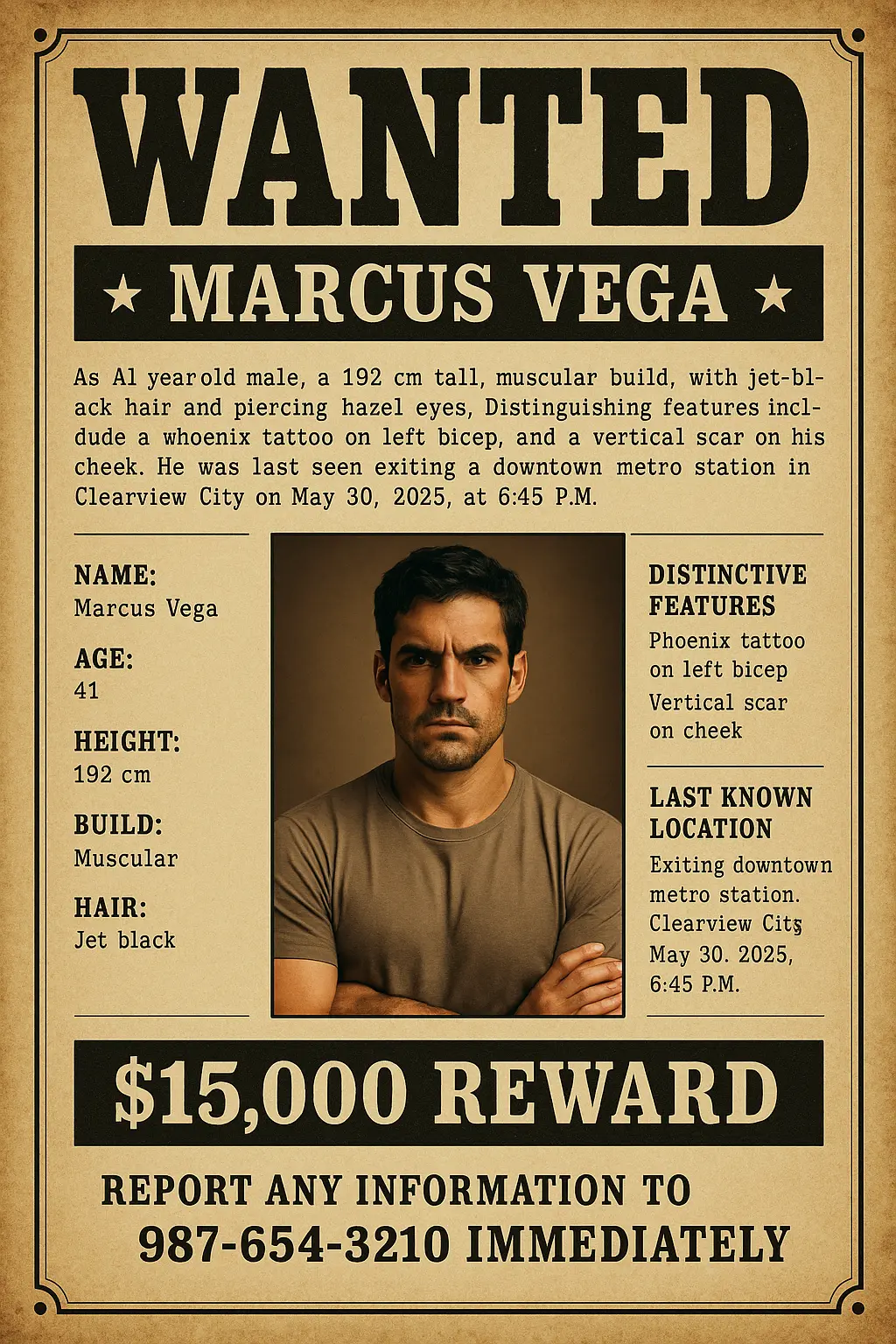 Vintage-style Missing Poster template featuring a bold 'WANTED' headline