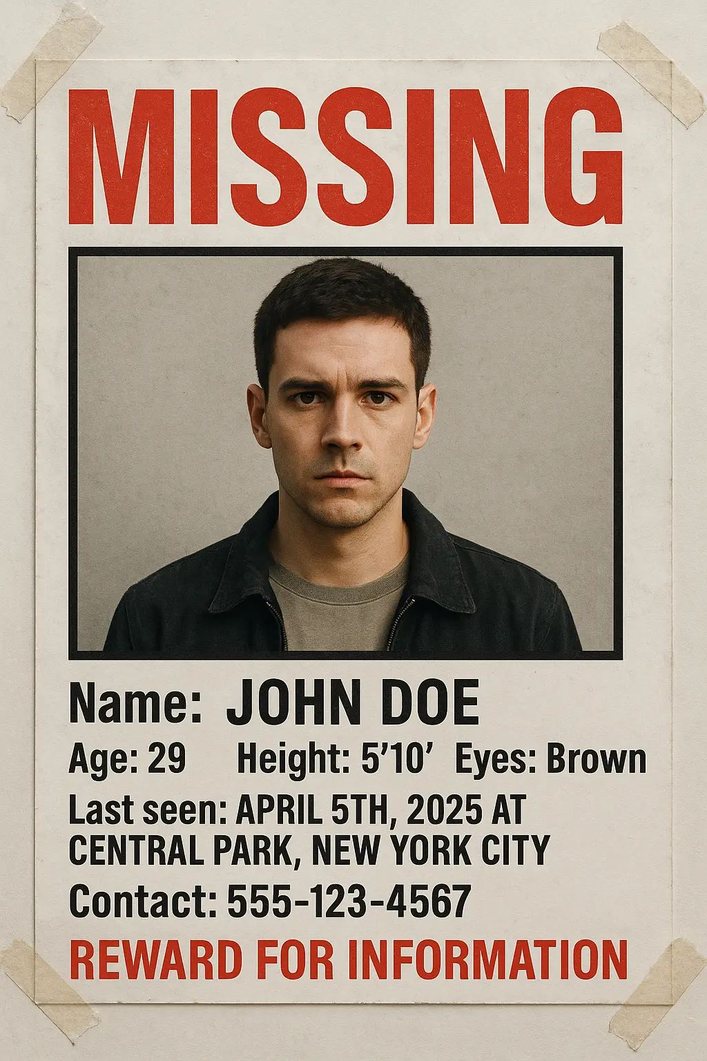 Missing Poster template featuring a young man with a serious expression