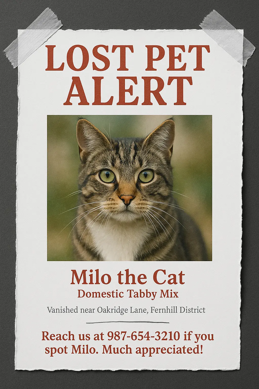 Missing Poster template with a tabby cat and red headline