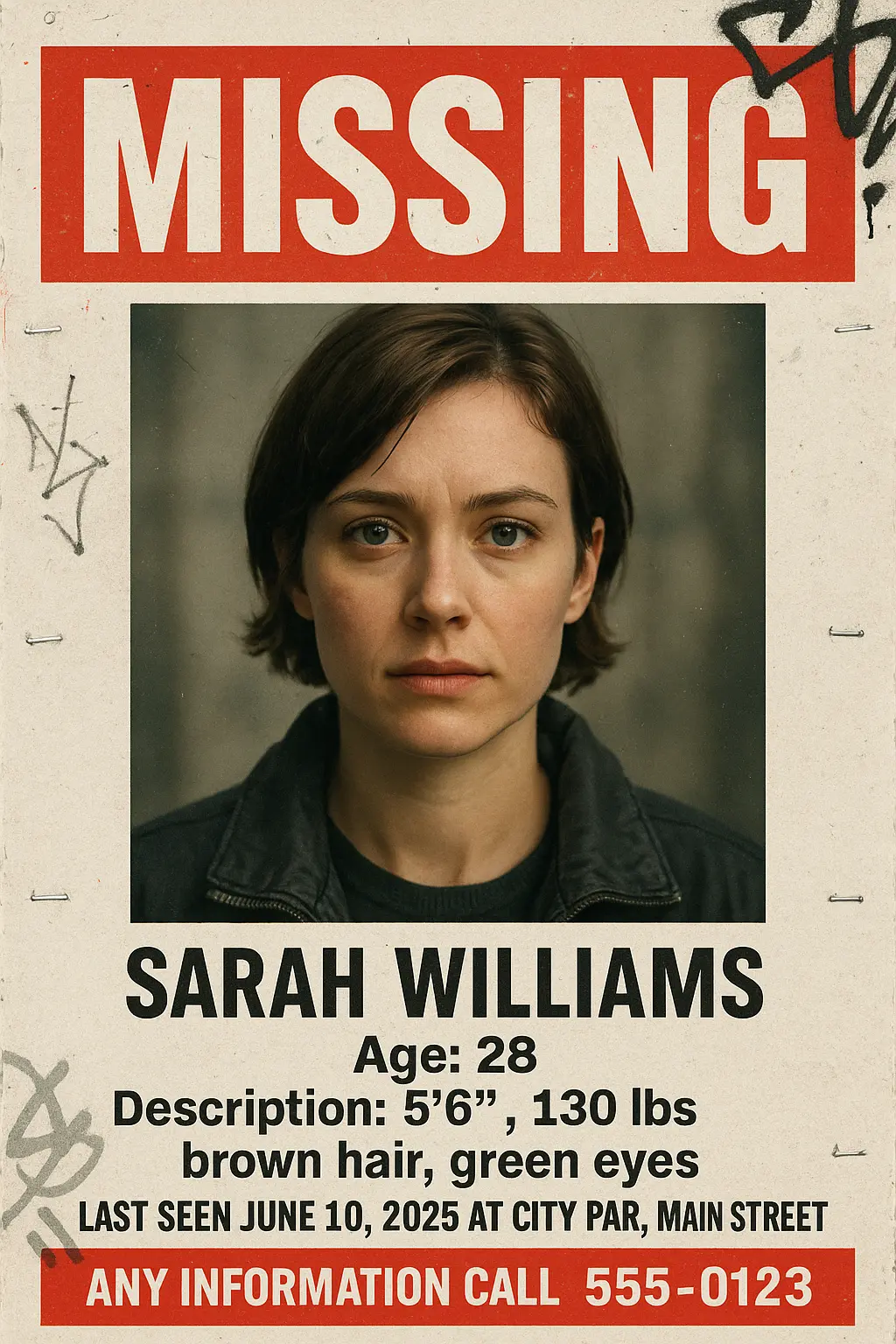 Missing Poster template for Sarah Williams, with a distressed red headline