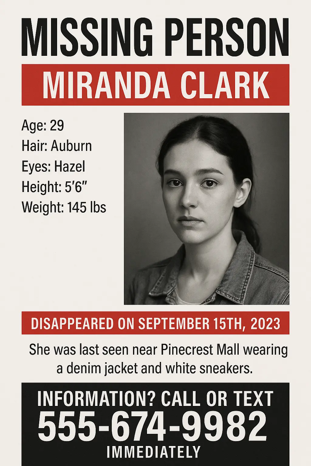 Minimalist red-black Missing Poster template with portrait and bold contact info