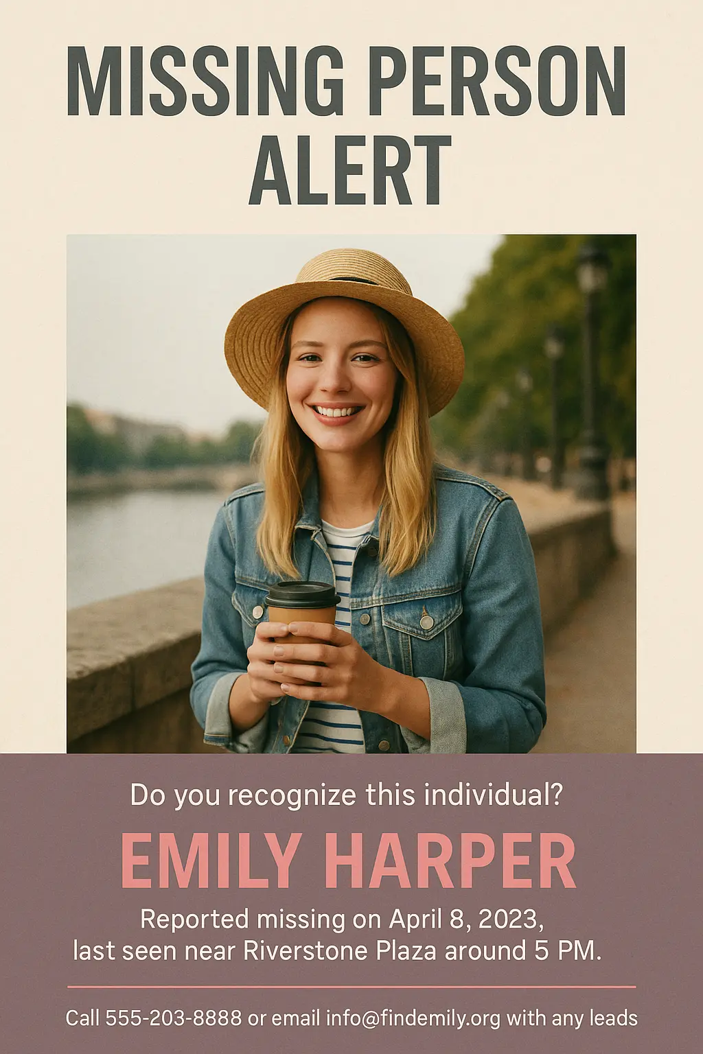 Missing Poster template featuring smiling woman by riverside
