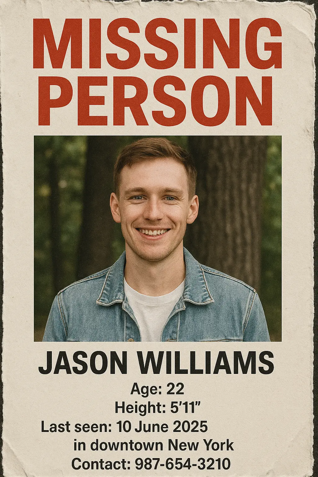 Missing Poster template with portrait of Jason Williams, last seen June 10, 2025.