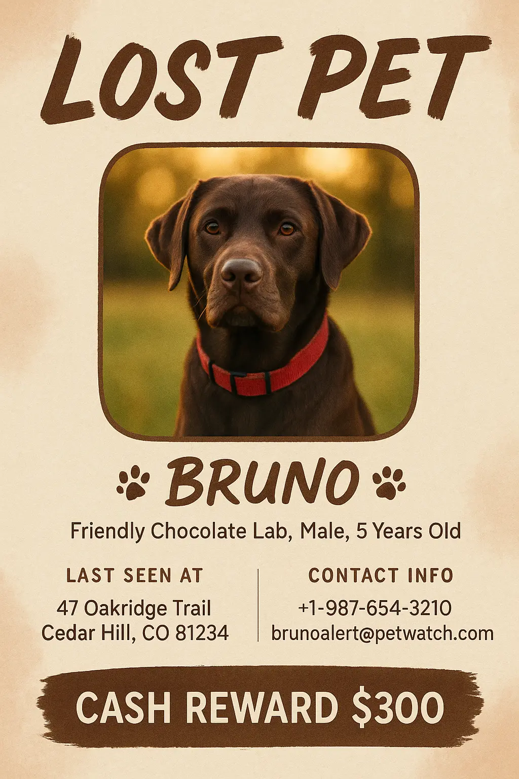 Missing Poster template with chocolate Labrador and reward notice