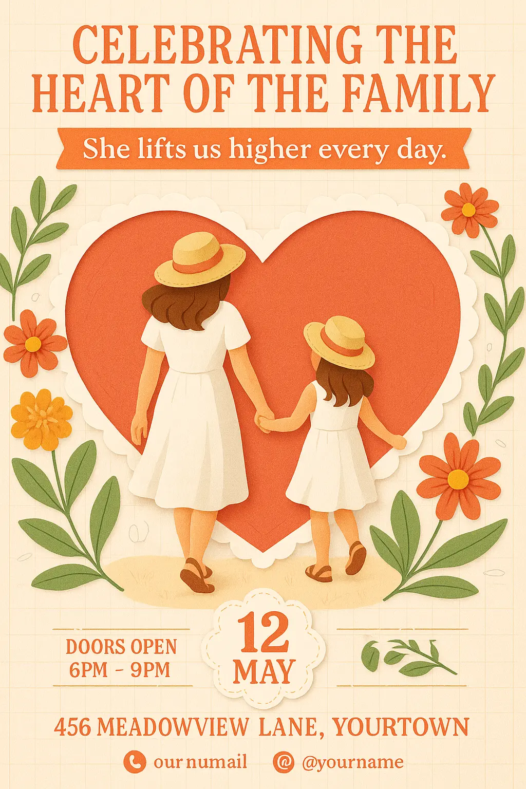 Mother's Day poster template with papercut heart and floral design