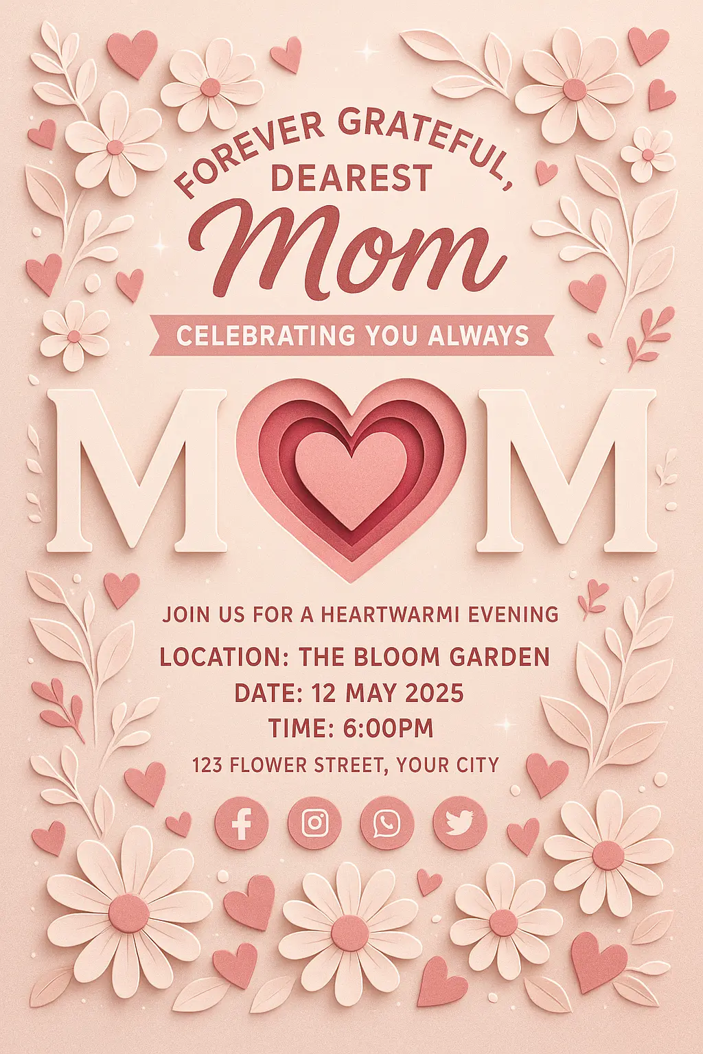 Layered papercut Mother's Day poster template with heart and flowers