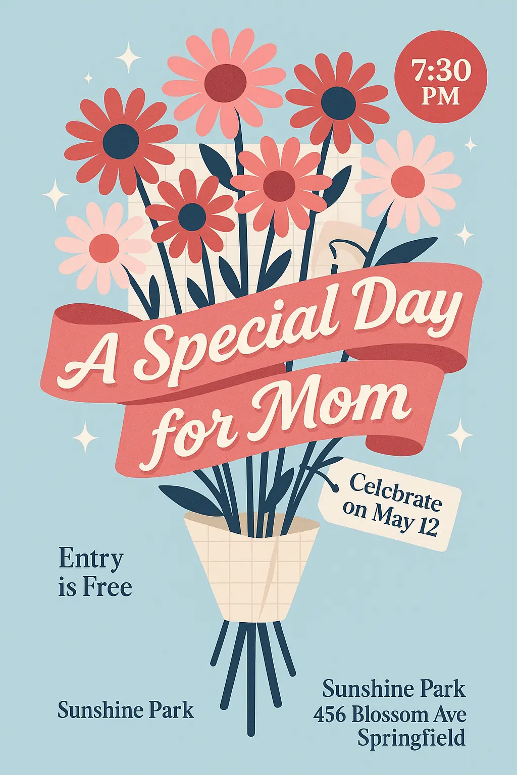 Modern Mother's Day Poster template with bouquet and pink banner