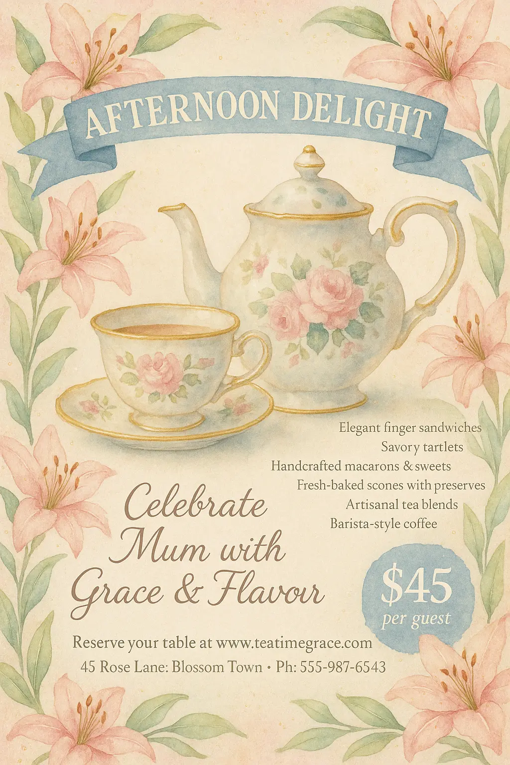 Elegant watercolor Mother's Day Poster template with teacup, teapot, and florals