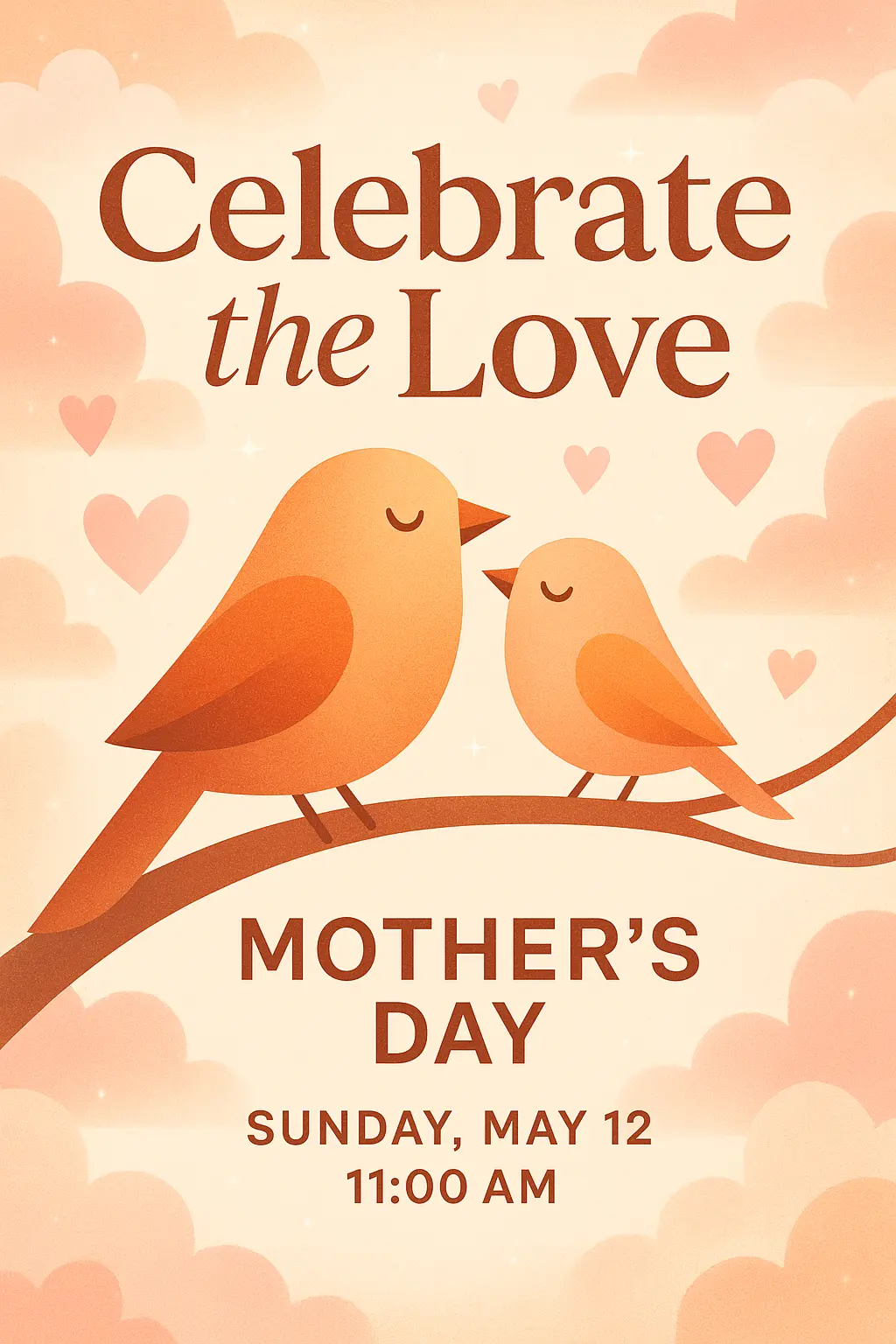 Mother's Day Poster template with birds, hearts, and event details