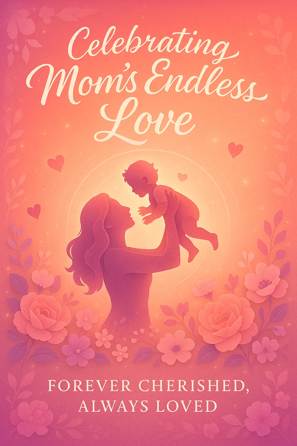 Mother's Day Poster template with mother lifting child in floral papercut style