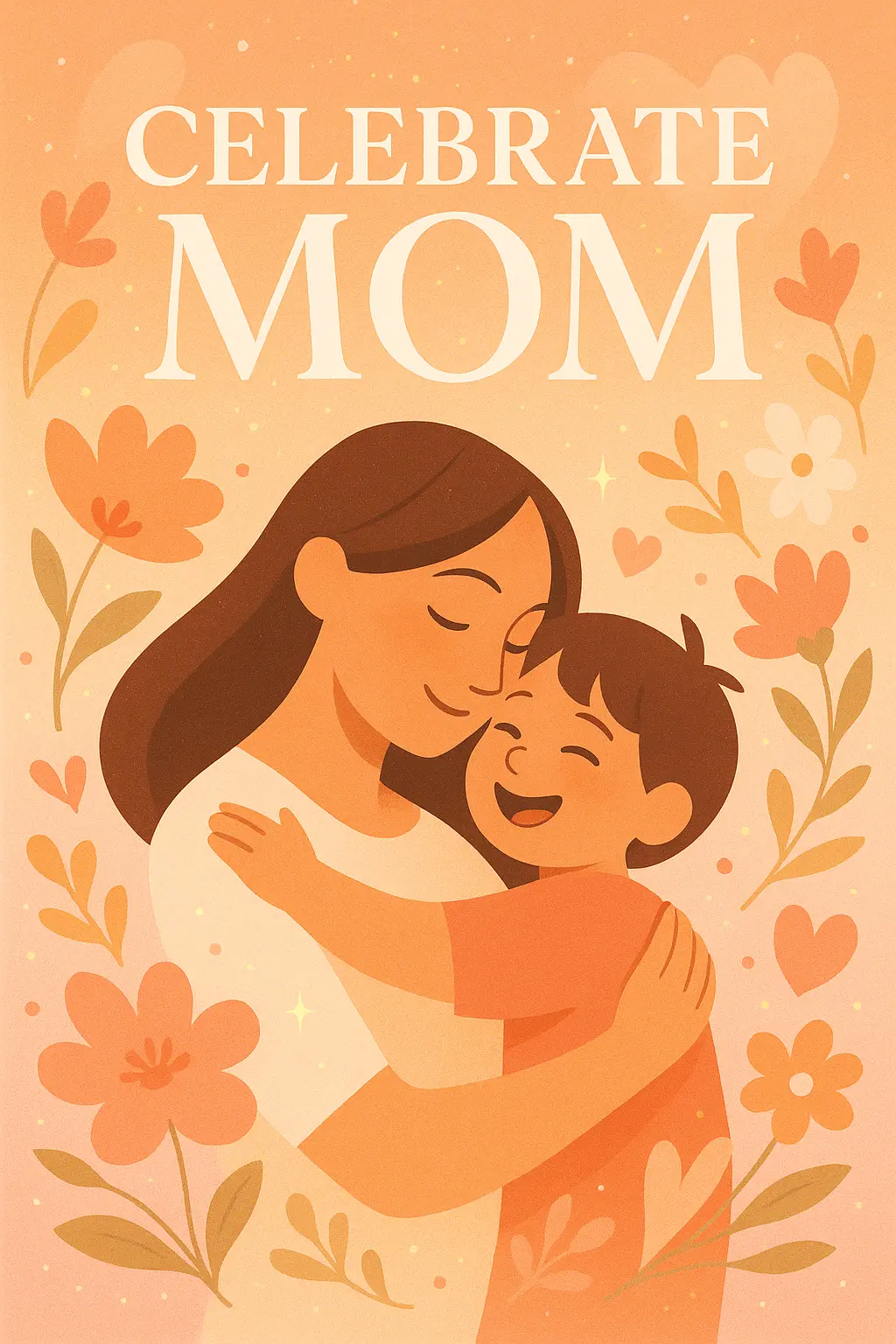 Mother's Day Poster template with a mother and child embracing in warm pastel tones.