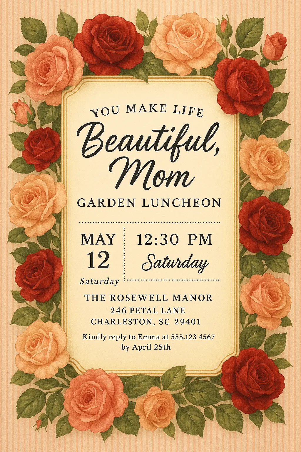 Vintage Mother's Day Poster template with roses and elegant typography