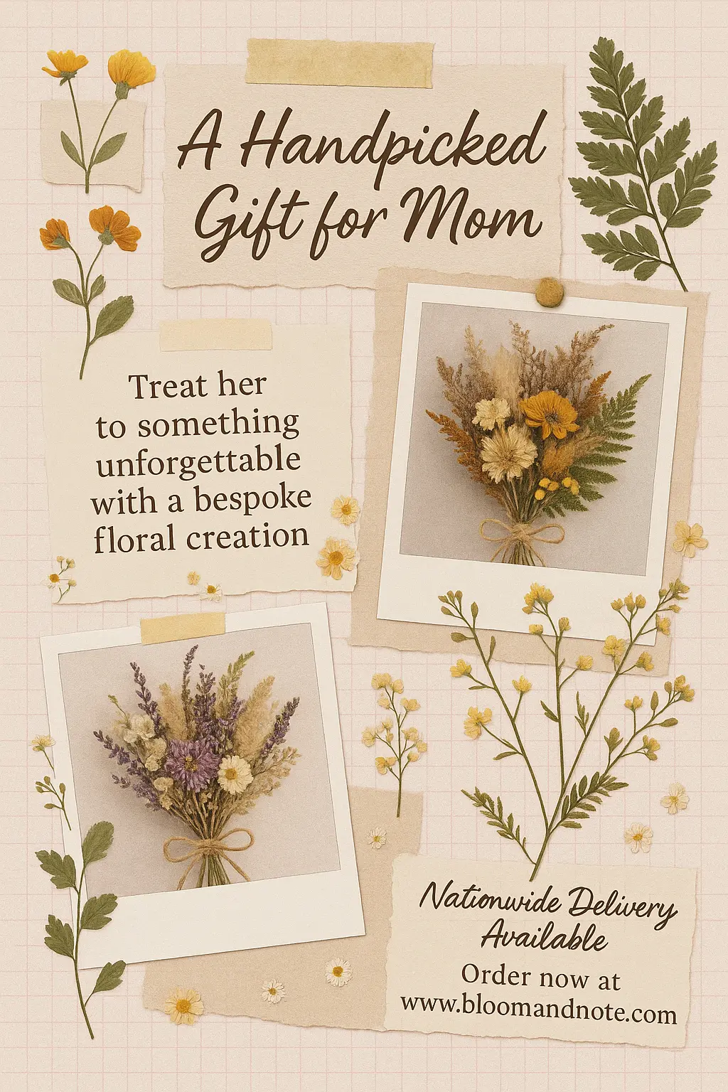 Vintage scrapbook-style Mother's Day Poster template with dried bouquets
