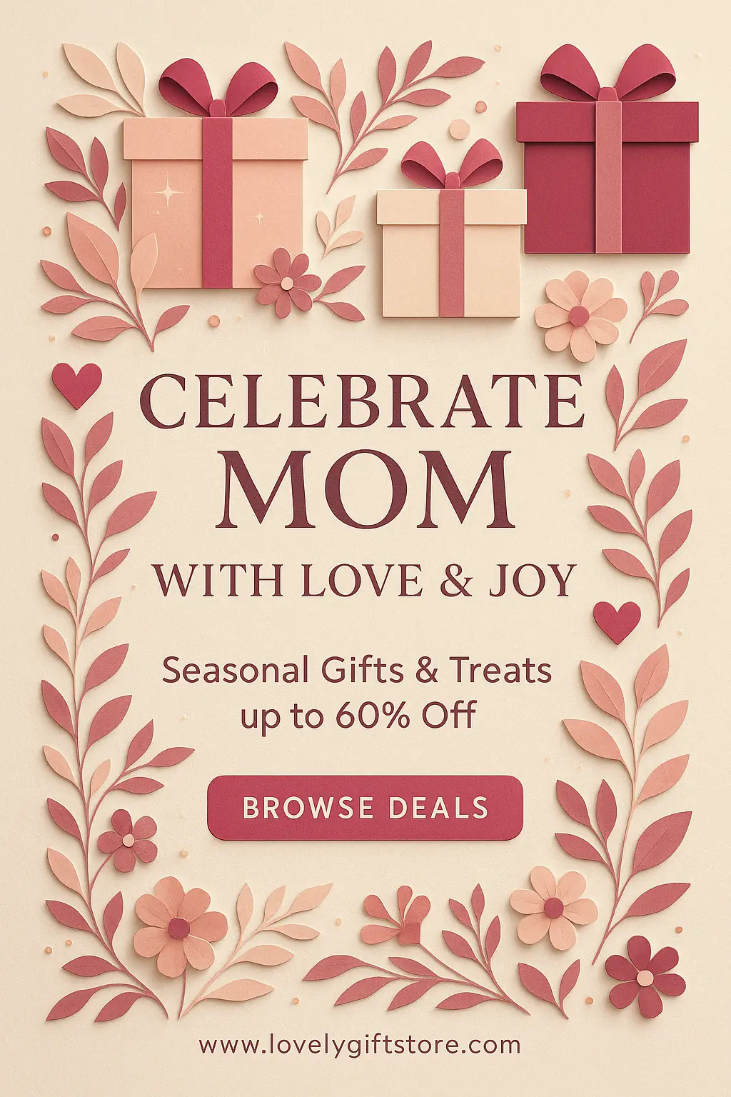 Mother's Day poster template with pink gifts and floral layout