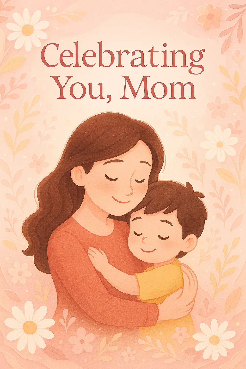 Mother's Day Poster template featuring a mother and child embracing surrounded by daisies