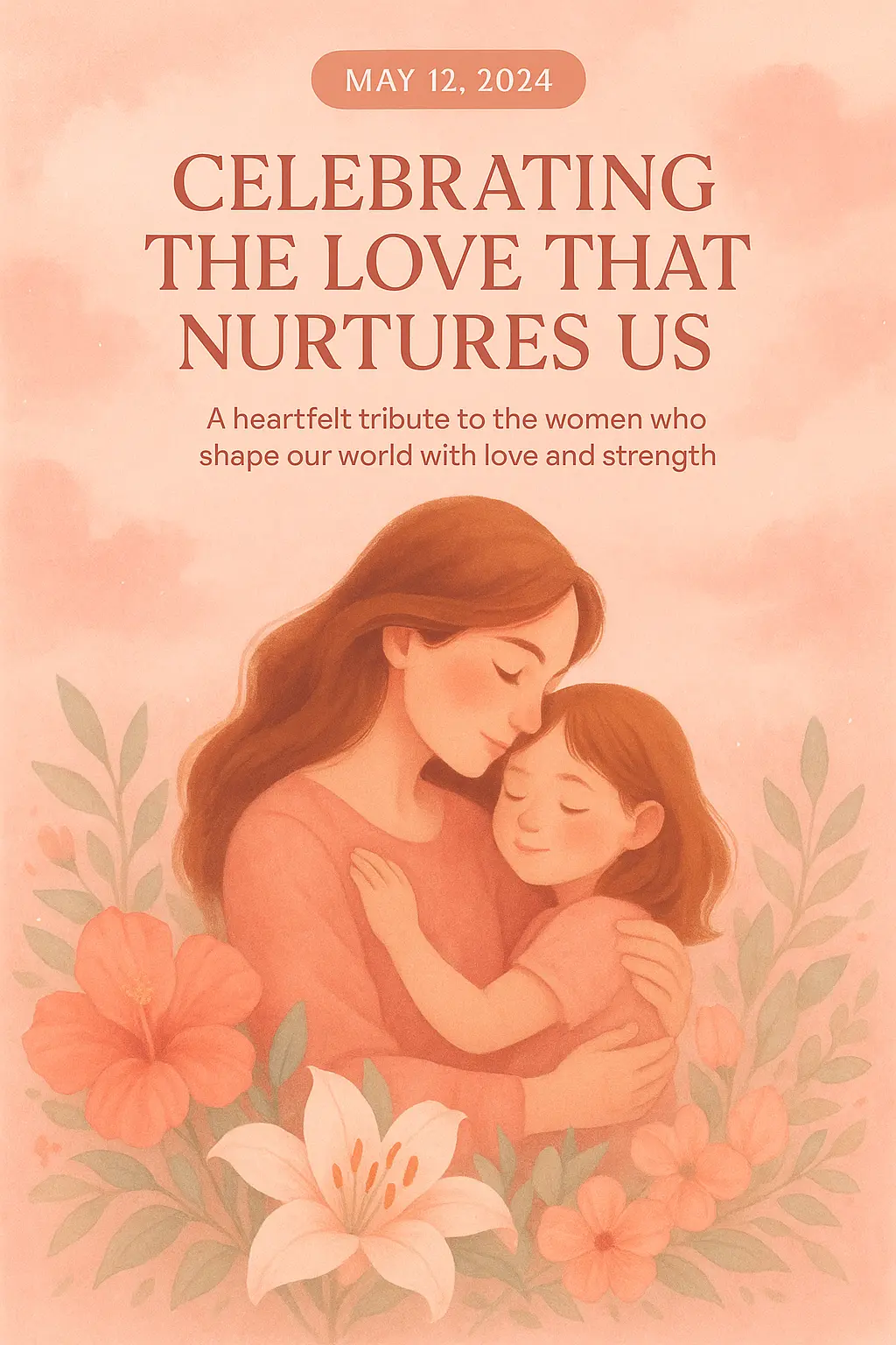Mother's Day Poster template with floral frame and mother-child hug