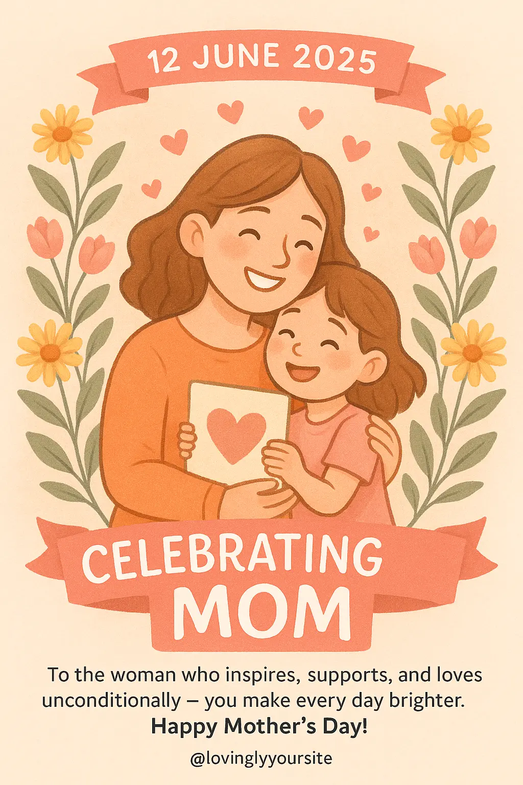 Cartoon Mother's Day Poster template with mom and daughter hugging