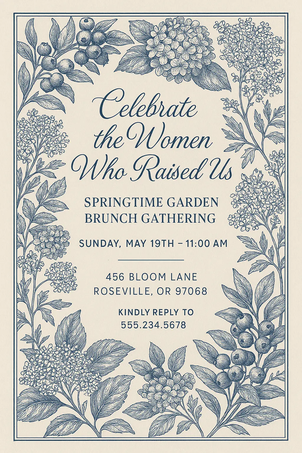 Vintage blue floral Mother's Day poster template with elegant script