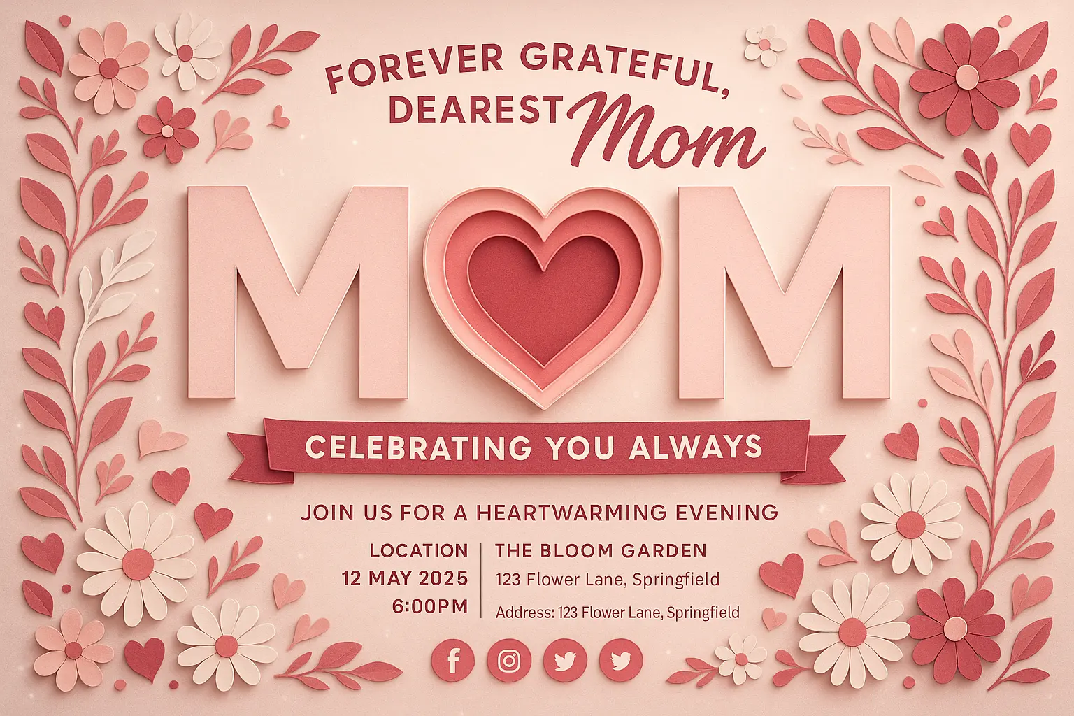 Mother's Day Poster template with pink florals and heartfelt message