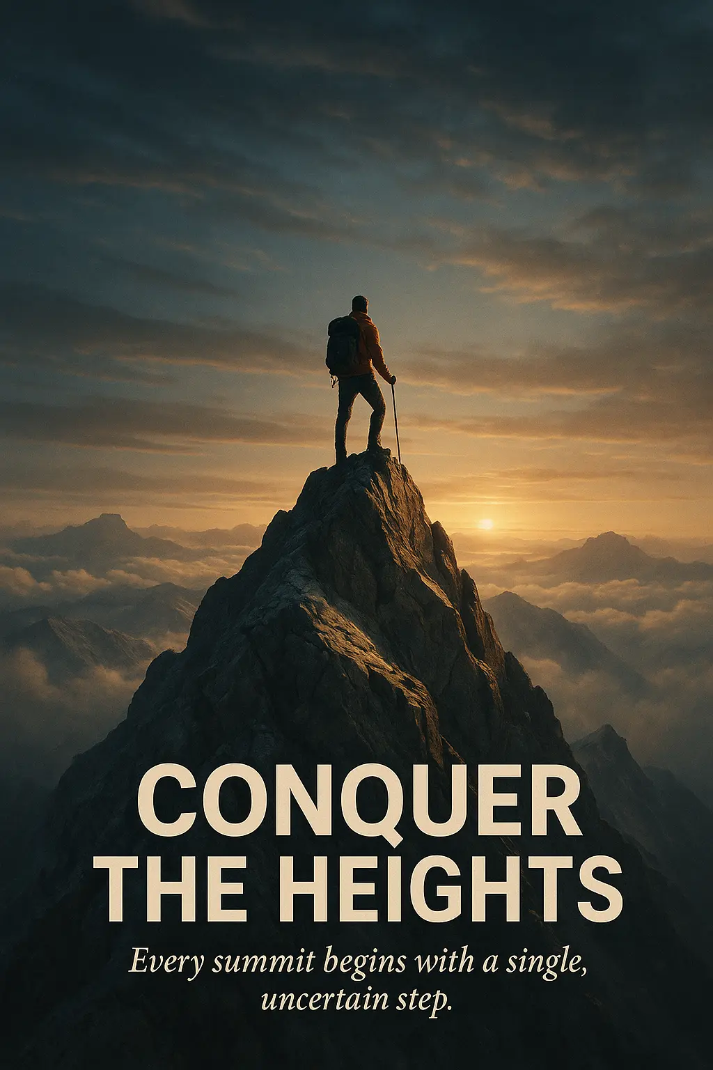 Photorealistic Motivational Poster template with climber on mountain peak