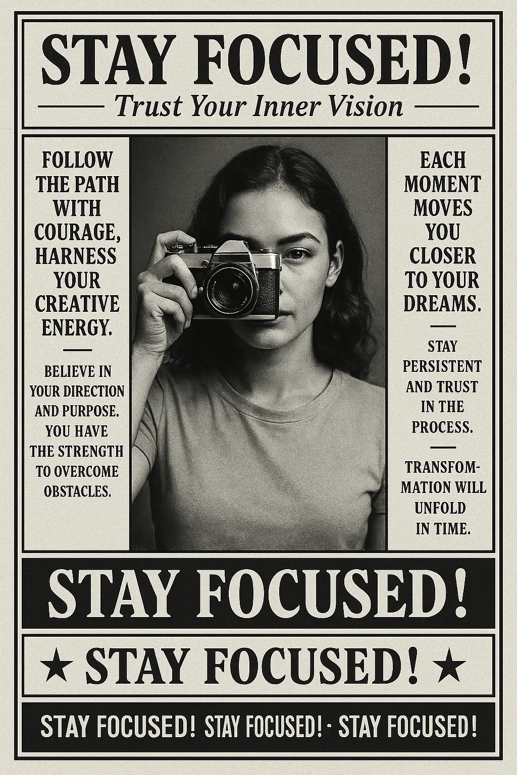 Retro-style Motivational Poster template featuring woman with camera