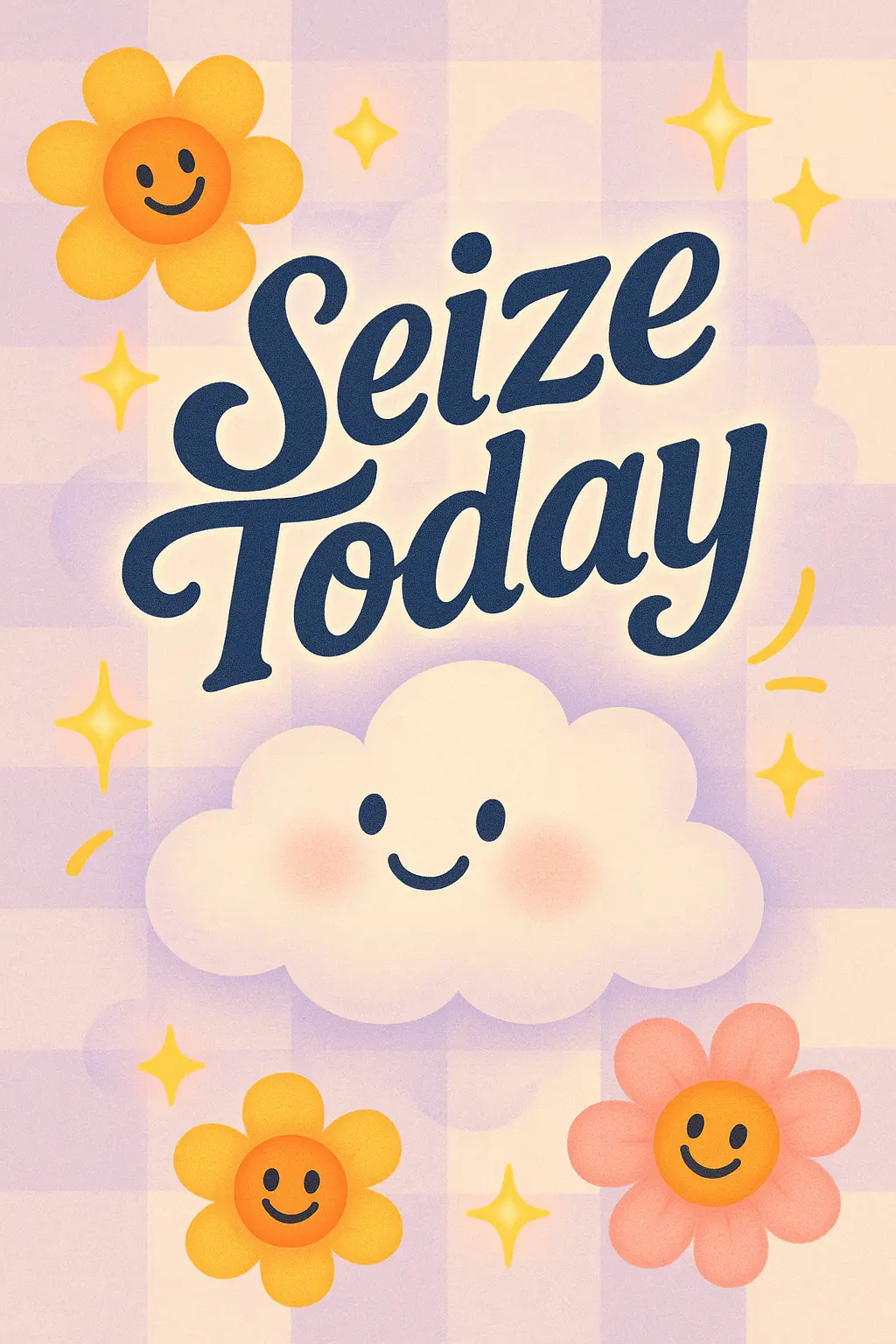 Motivational Poster template with playful flowers, smiley cloud, and the text 'Seize Today'