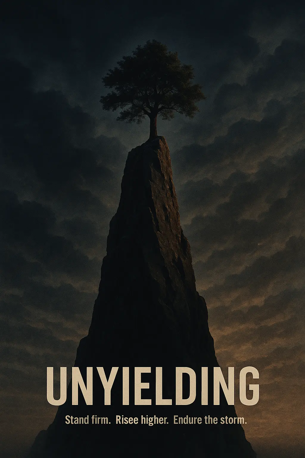 Motivational Poster template with lone tree atop cliff at dusk