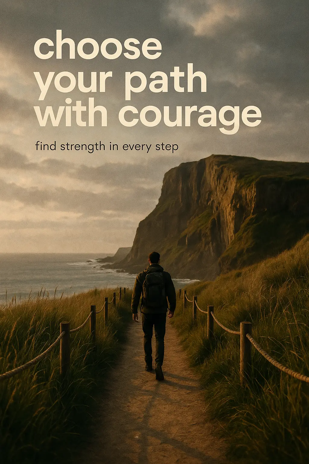 Motivational Poster template with hiker on coastal trail at sunset