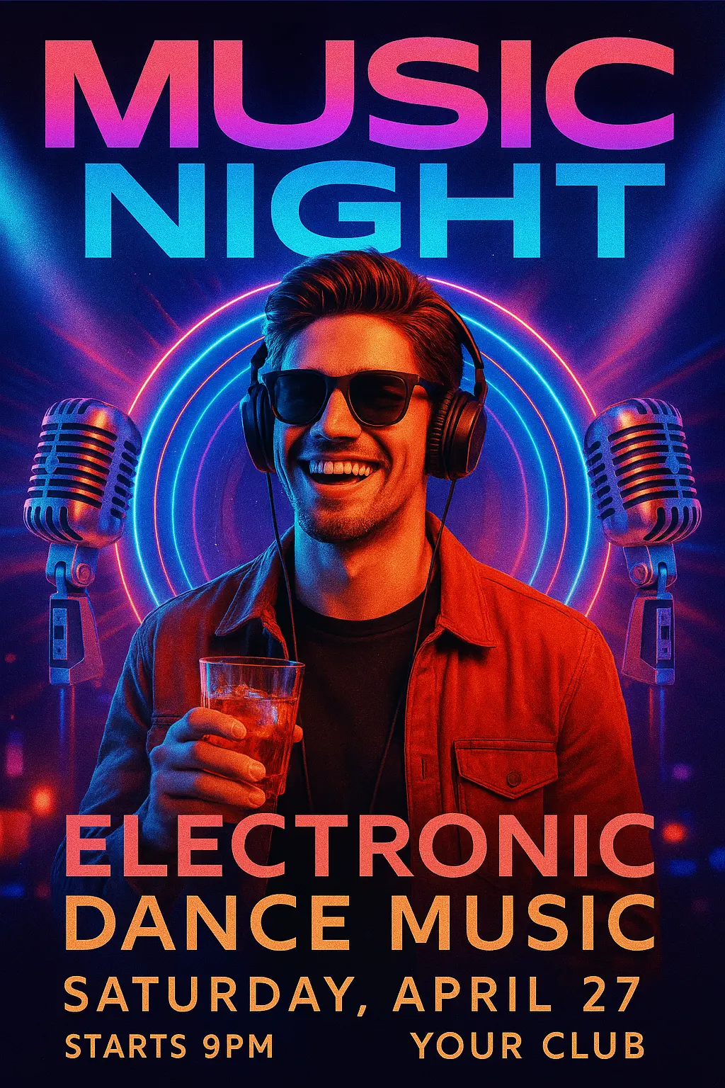Neon-style EDM Music Poster template with central DJ figure
