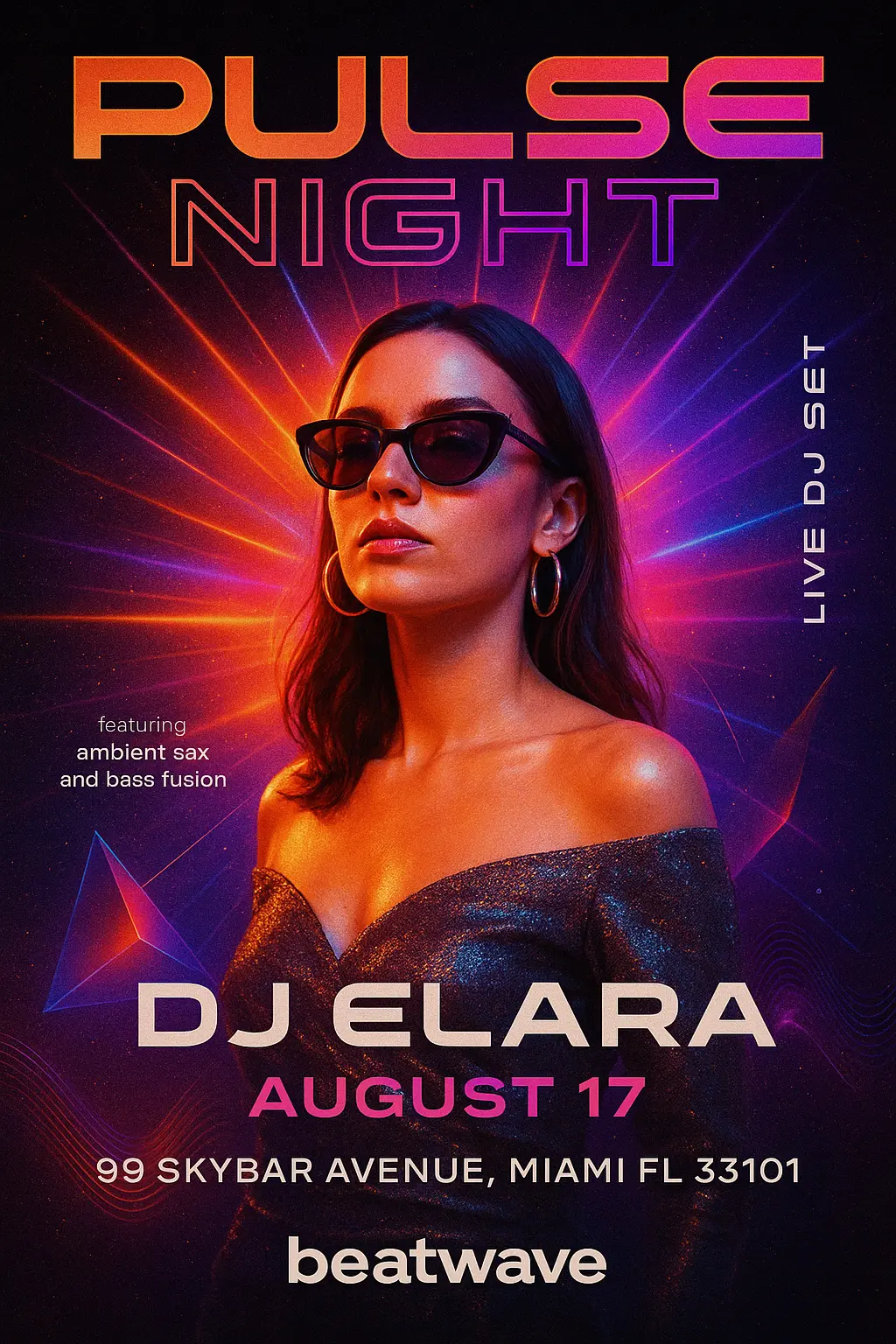 Vibrant electronic Music Poster template with neon lighting and DJ focus