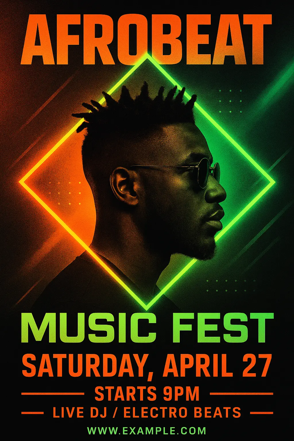 Bold Afrobeat Music Poster template with neon gradients and artist profile