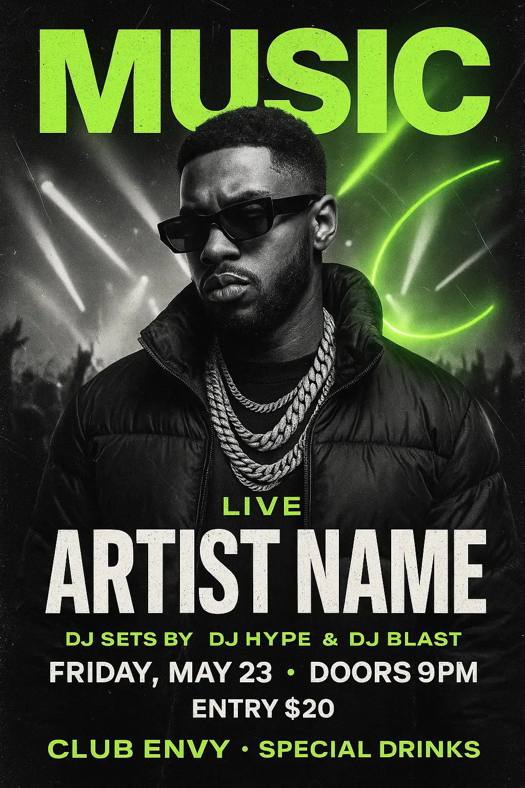 Hip hop concert Music Poster template with neon accents