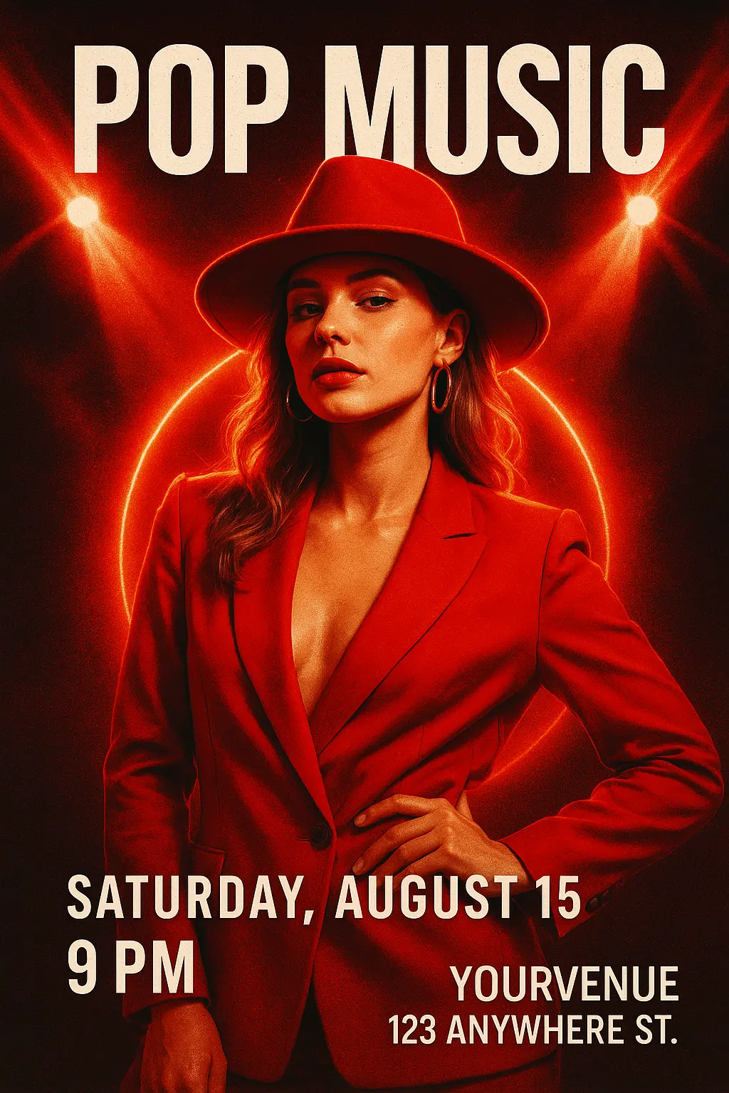Energetic pop Music Poster template with a confident woman in red