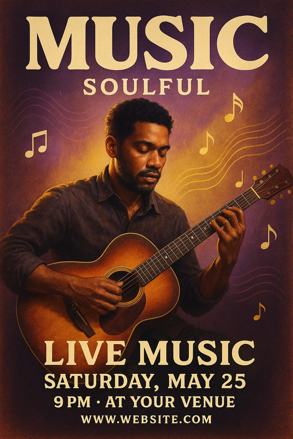 Music Poster template with musician and guitar in retro style