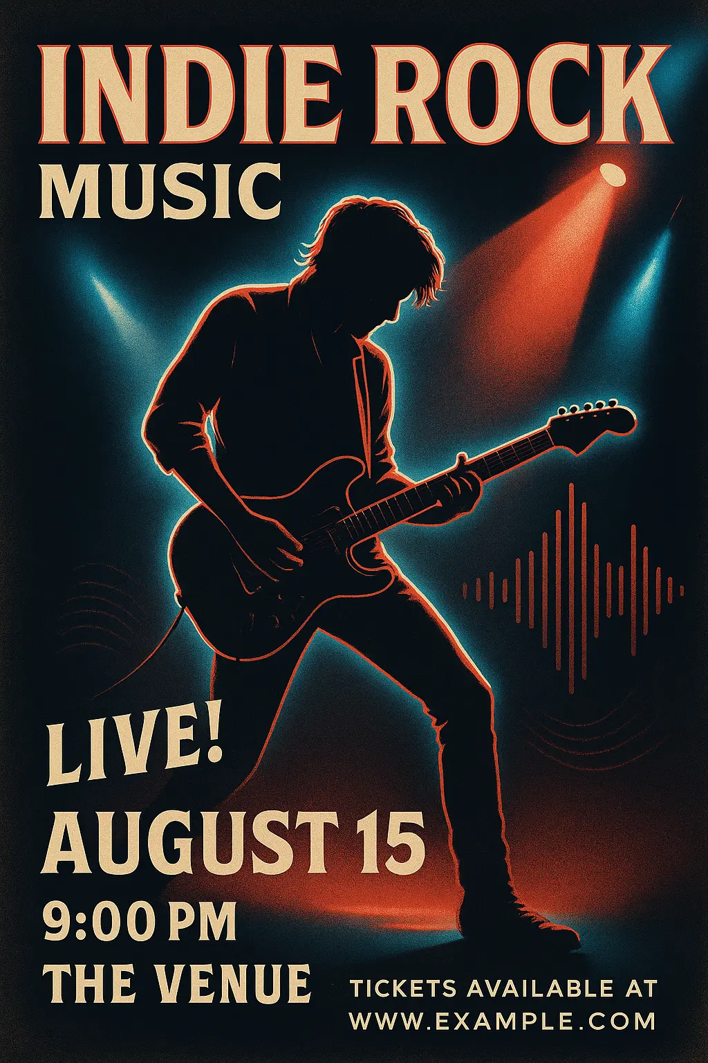 Music Poster template featuring a guitarist silhouette in neon glow