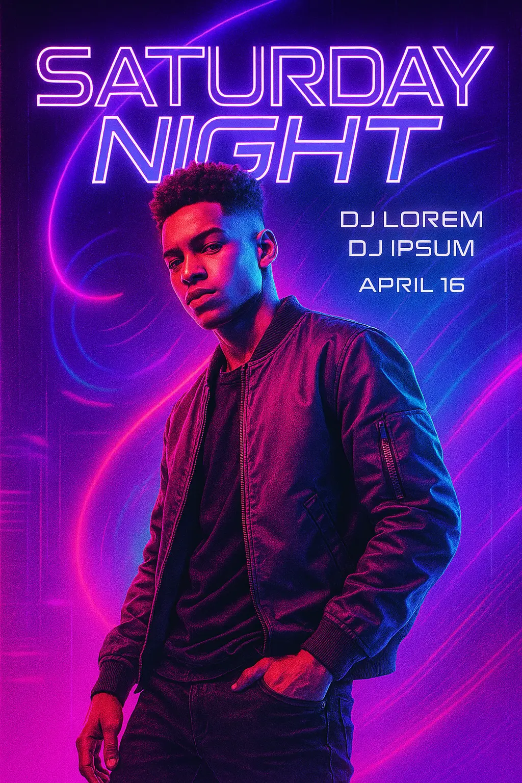 Music Poster template with a young male artist in a neon-lit setting