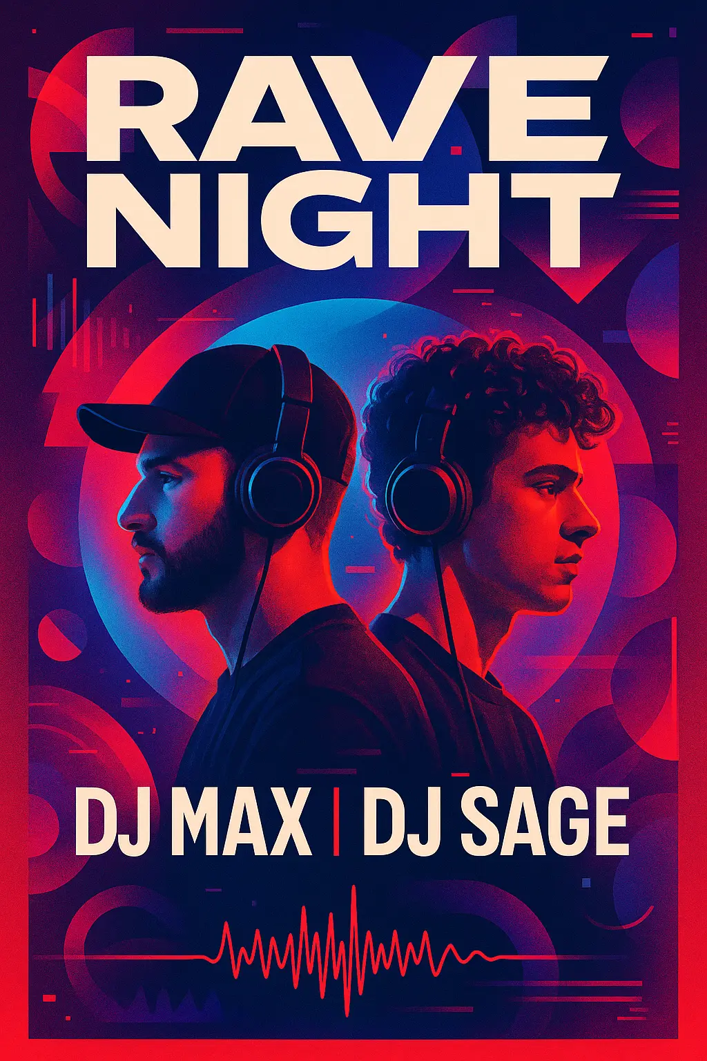 Music Poster template featuring two DJs with neon gradients