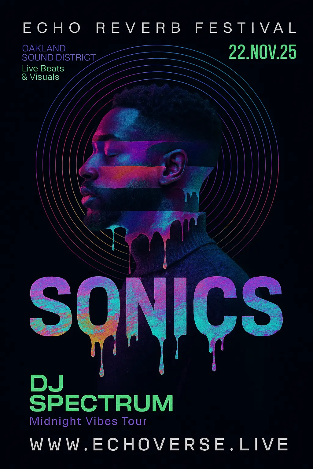 Surreal vaporwave Music Poster template with neon portrait and glitch text