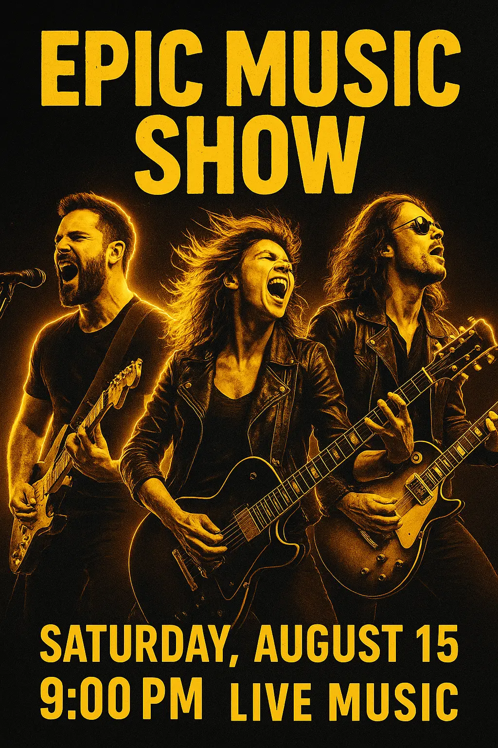 Music Poster template featuring three musicians playing electric guitars