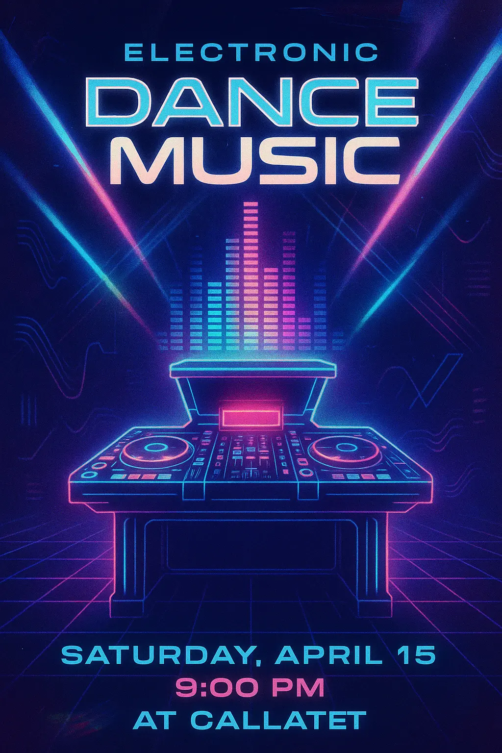 EDM Music Poster template with neon-lit DJ booth and vibrant lighting