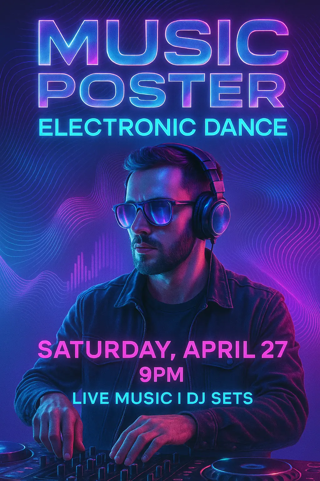 Electronic music party poster template with DJ and neon lighting