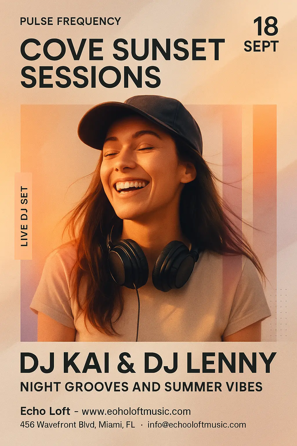 Energetic Music Poster template with female DJ and soft gradients