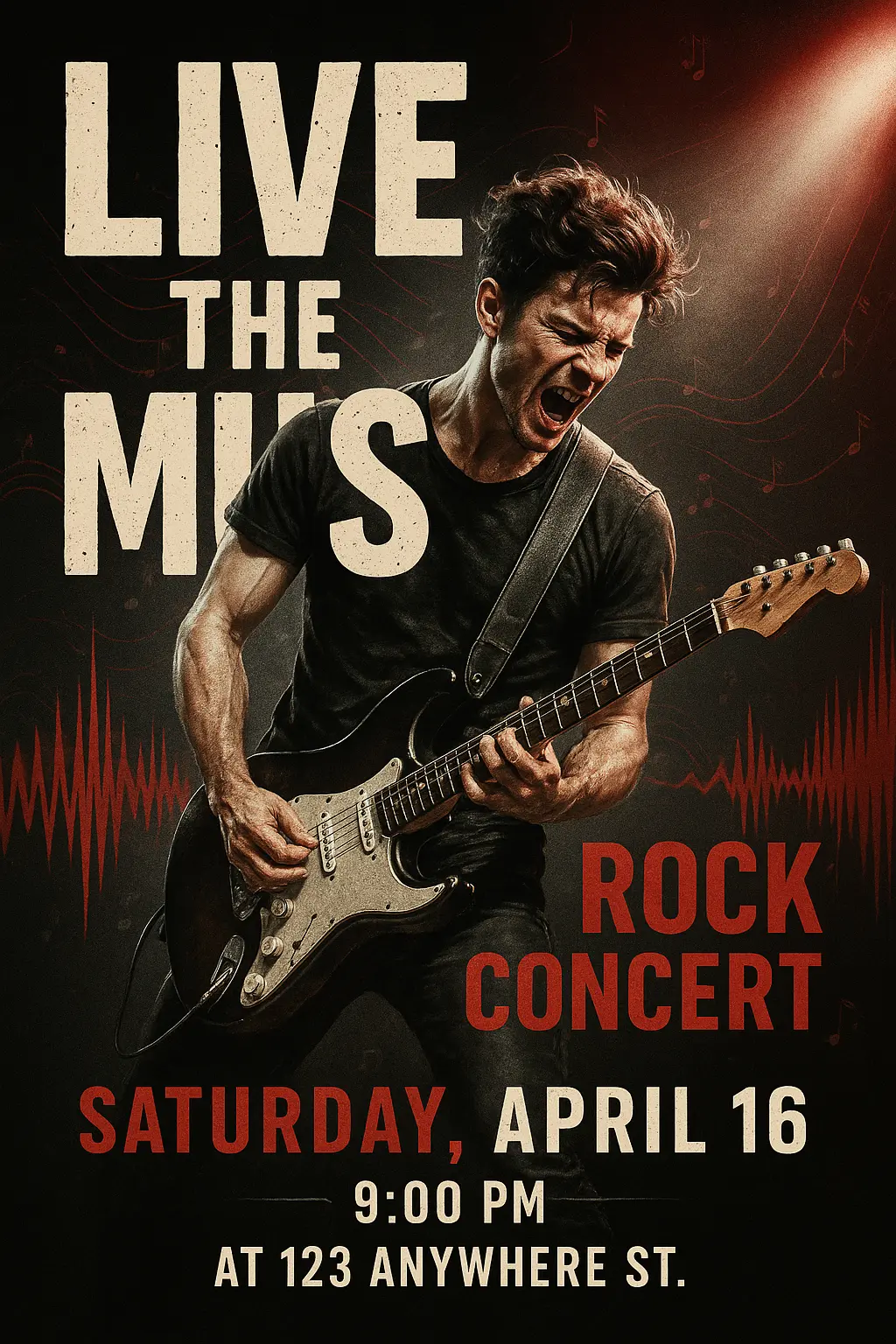 Rock Music Poster template with guitarist and dynamic typography
