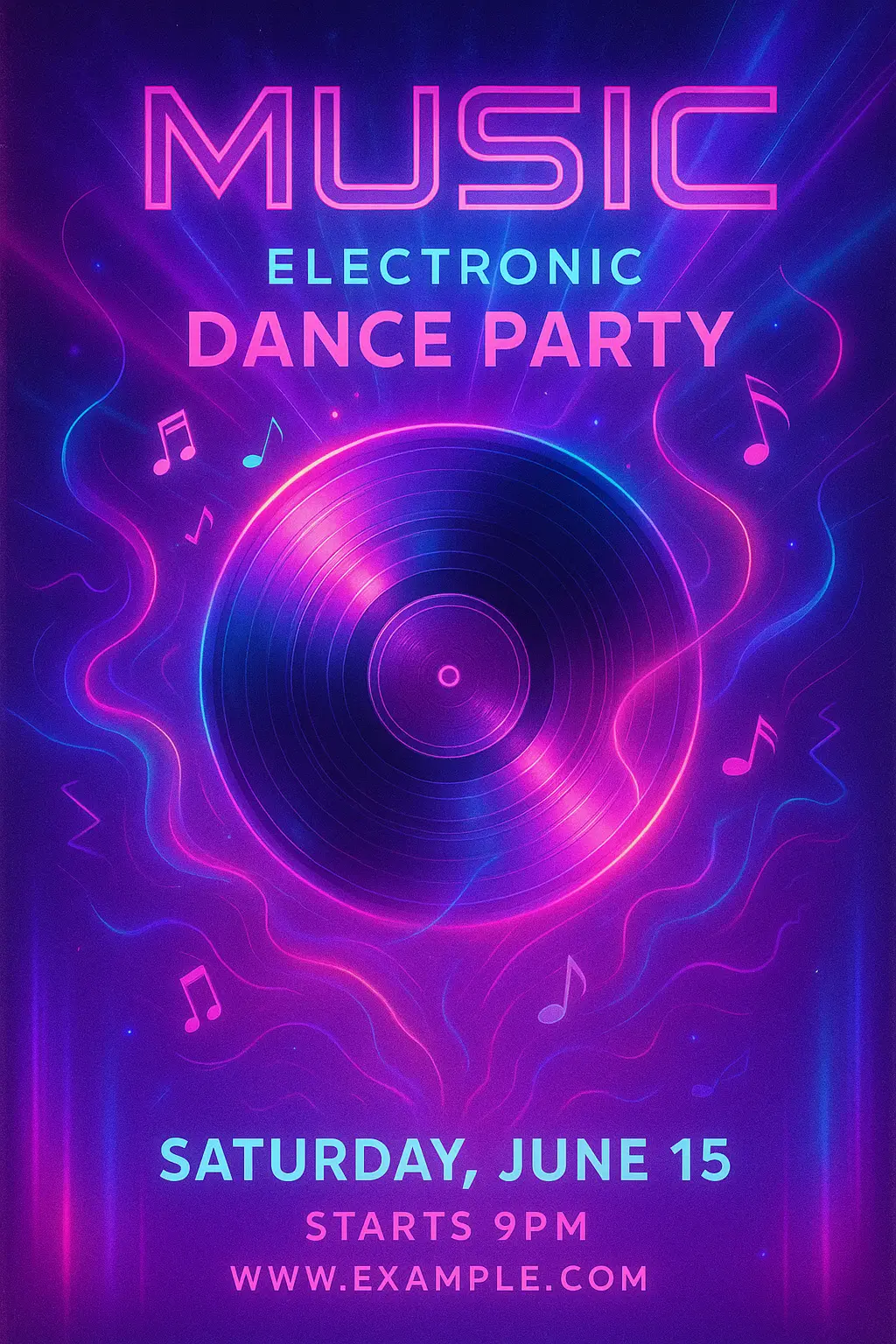 Vibrant neon Music Poster template with DJ event details