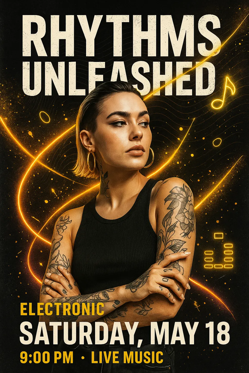 Music Poster template featuring a confident woman in a dynamic electronic music design.