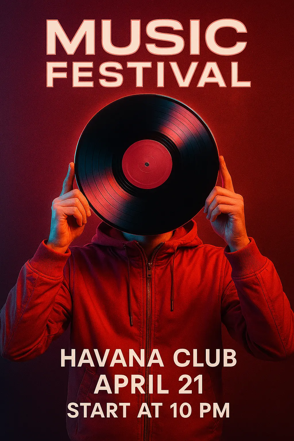 Music Poster template with a person holding vinyl, red color scheme