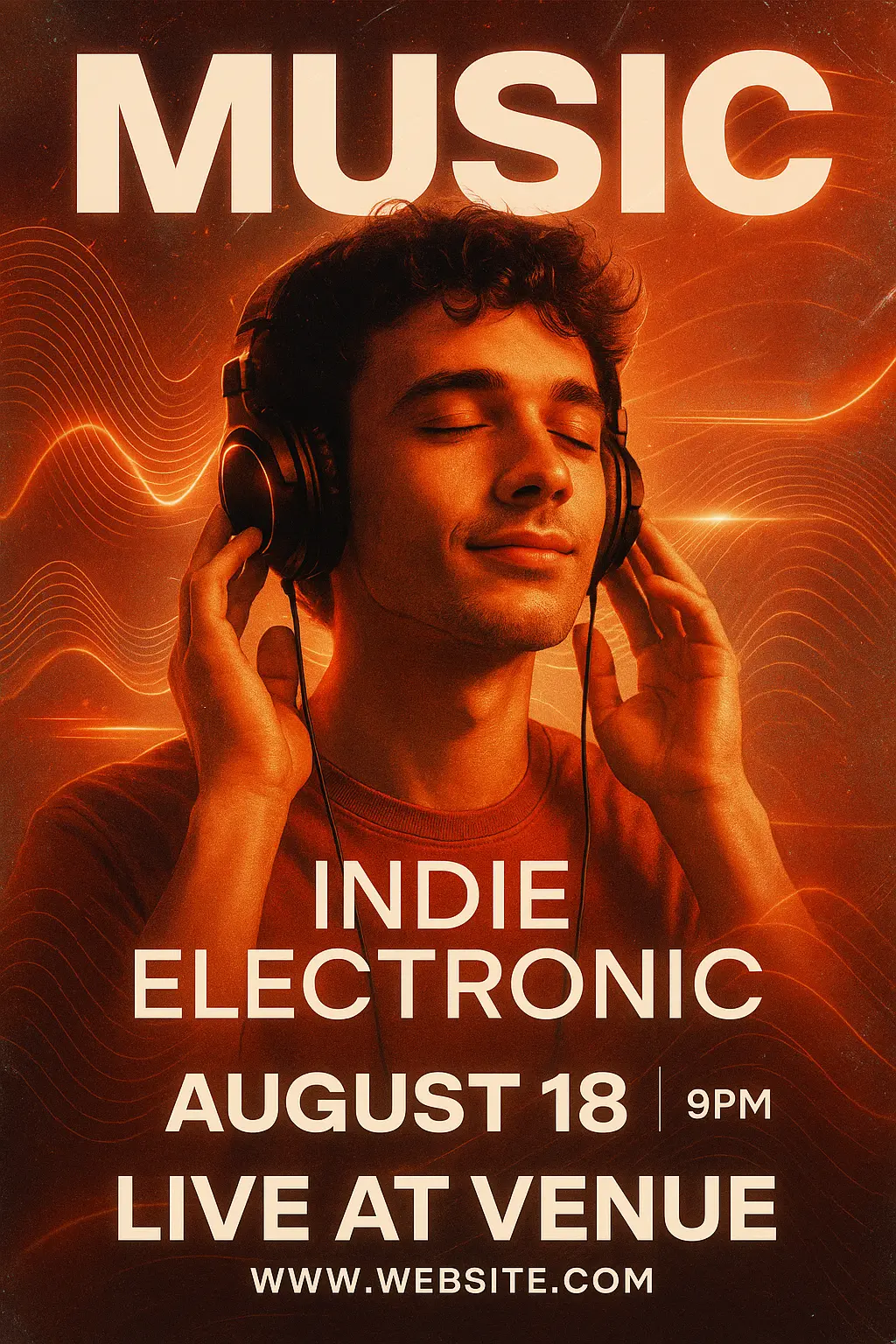 Music Poster template featuring a man with headphones in a glowing, vibrant background