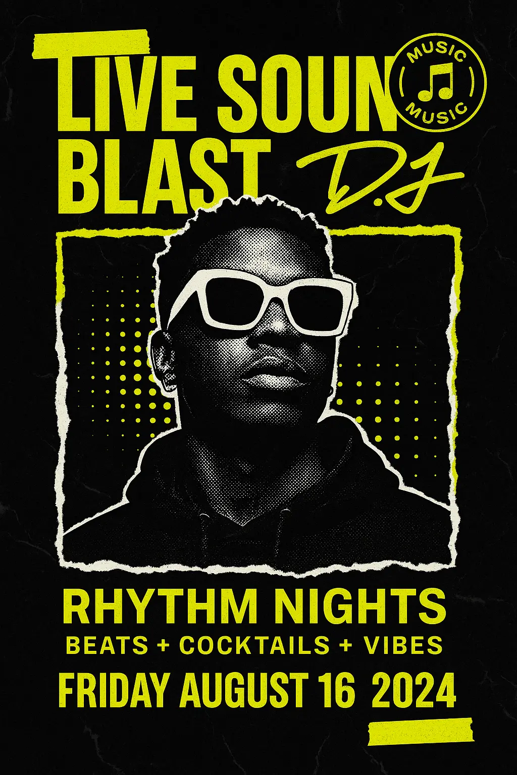 Urban-style Music Poster template featuring bold DJ portrait and neon accents