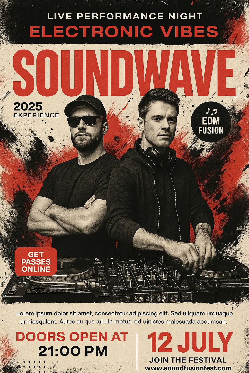 Music Poster template featuring DJs and bold red headline