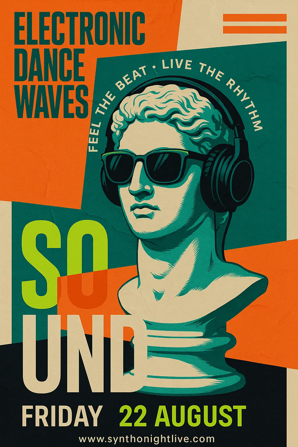 Bold EDM Music Poster template with statue and neon colors